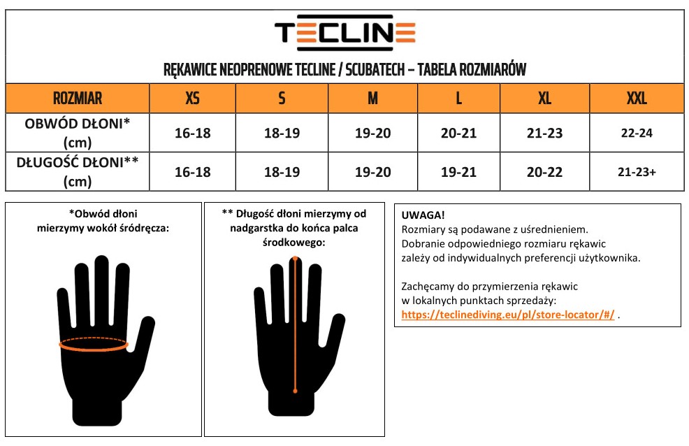 Rękawice Tecline-tabela rozmiarów